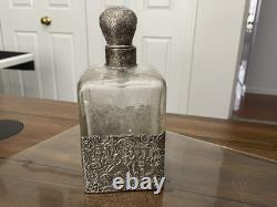 Nice-antique Victorian Sterling Silver Overlay Collar Etched Cut Glass Decanter