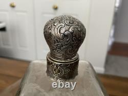 Nice-antique Victorian Sterling Silver Overlay Collar Etched Cut Glass Decanter
