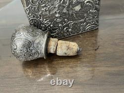 Nice-antique Victorian Sterling Silver Overlay Collar Etched Cut Glass Decanter