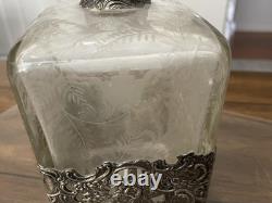 Nice-antique Victorian Sterling Silver Overlay Collar Etched Cut Glass Decanter