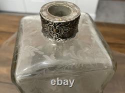 Nice-antique Victorian Sterling Silver Overlay Collar Etched Cut Glass Decanter