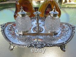 OUTSTANDING Antique Victorian STERLING SILVER INKSTAND Crystal Glass XL