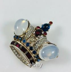 Old Philippe Trifari Sterling Silver Shaped Crown Pin Brooch Moonstone Cabochons