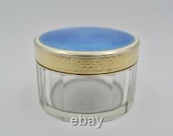 Old Round Small Box Sterling Silver Blue Enamel Glass Case Art Deco Style 20th C