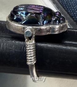 Original Antique TIFFANY FAVRILE GLASS Blue Scarab in Silver Swivel Ring with COA