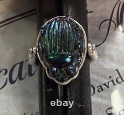 Original Antique TIFFANY FAVRILE GLASS Blue Scarab in Silver Swivel Ring with COA