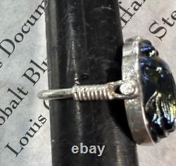 Original Antique TIFFANY FAVRILE GLASS Blue Scarab in Silver Swivel Ring with COA