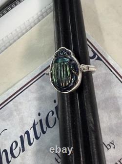 Original Antique TIFFANY FAVRILE GLASS Blue Scarab in Silver Swivel Ring with COA