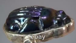 Original Antique TIFFANY FAVRILE GLASS Blue Scarab in Silver Swivel Ring with COA