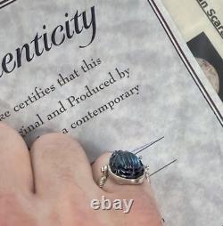 Original Antique TIFFANY FAVRILE GLASS Blue Scarab in Silver Swivel Ring with COA