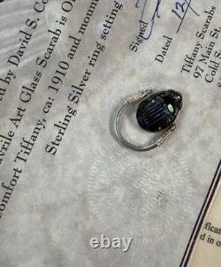 Original Antique TIFFANY FAVRILE GLASS Blue Scarab in Silver Swivel Ring with COA