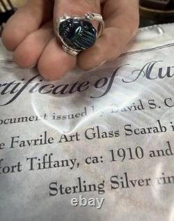 Original Antique TIFFANY FAVRILE GLASS Blue Scarab in Silver Swivel Ring with COA
