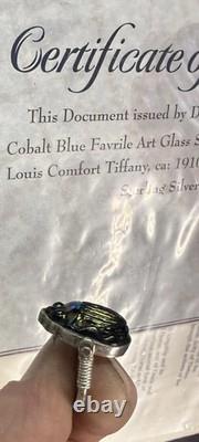 Original Antique TIFFANY FAVRILE GLASS Blue Scarab in Silver Swivel Ring with COA
