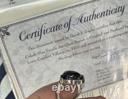 Original Antique TIFFANY FAVRILE GLASS Blue Scarab in Silver Swivel Ring with COA