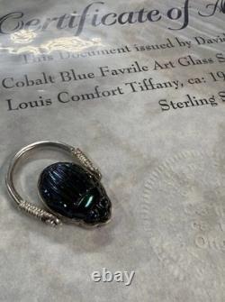 Original Antique TIFFANY FAVRILE GLASS Blue Scarab in Silver Swivel Ring with COA