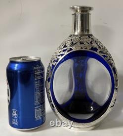 Original Large K. Uyeda Cobalt Blue Glass and Sterling Silver Decanter