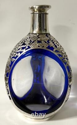 Original Large K. Uyeda Cobalt Blue Glass and Sterling Silver Decanter
