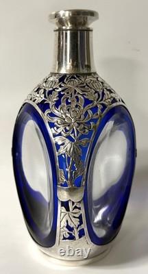 Original Large K. Uyeda Cobalt Blue Glass and Sterling Silver Decanter