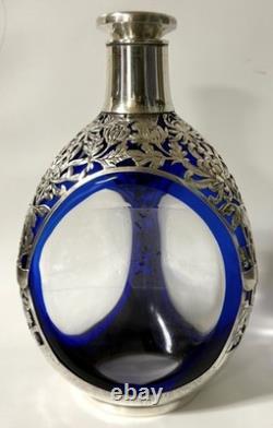 Original Large K. Uyeda Cobalt Blue Glass and Sterling Silver Decanter
