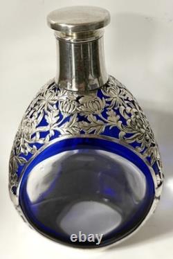 Original Large K. Uyeda Cobalt Blue Glass and Sterling Silver Decanter
