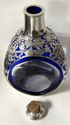 Original Large K. Uyeda Cobalt Blue Glass and Sterling Silver Decanter