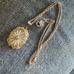 Ornate Antique Finely Detailed Sterling Silver Camphor Glass Pendant Necklace