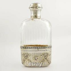 Ornate Antique French Sterling Silver Cut Glass Engraved Liquor Whisky Hip Flask