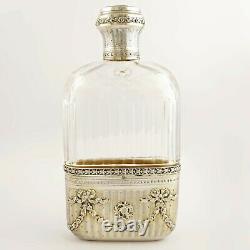 Ornate Antique French Sterling Silver Cut Glass Engraved Liquor Whisky Hip Flask