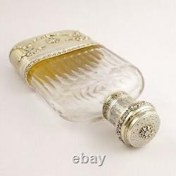 Ornate Antique French Sterling Silver Cut Glass Engraved Liquor Whisky Hip Flask