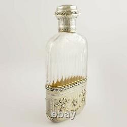 Ornate Antique French Sterling Silver Cut Glass Engraved Liquor Whisky Hip Flask