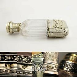 Ornate Antique French Sterling Silver Cut Glass Engraved Liquor Whisky Hip Flask