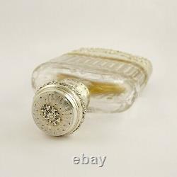 Ornate Antique French Sterling Silver Cut Glass Engraved Liquor Whisky Hip Flask