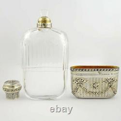 Ornate Antique French Sterling Silver Cut Glass Engraved Liquor Whisky Hip Flask