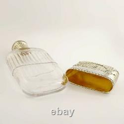 Ornate Antique French Sterling Silver Cut Glass Engraved Liquor Whisky Hip Flask