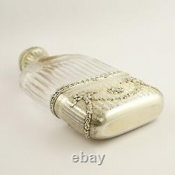 Ornate Antique French Sterling Silver Cut Glass Engraved Liquor Whisky Hip Flask