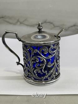 Ornate Antique Sterling Silver Mustard Pot Cobalt Blue Glass Liner WithSpoon