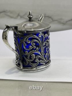 Ornate Antique Sterling Silver Mustard Pot Cobalt Blue Glass Liner WithSpoon