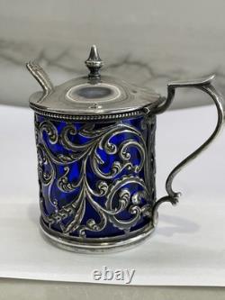 Ornate Antique Sterling Silver Mustard Pot Cobalt Blue Glass Liner WithSpoon