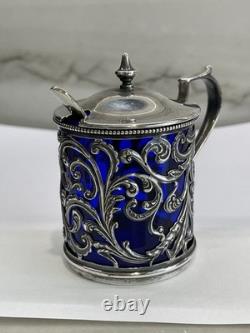 Ornate Antique Sterling Silver Mustard Pot Cobalt Blue Glass Liner WithSpoon Ornate Antique Sterling Silver Mustard Pot Cobalt Blue Glass Liner WithSpoon