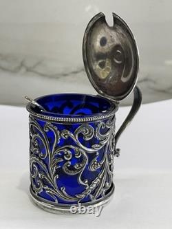 Ornate Antique Sterling Silver Mustard Pot Cobalt Blue Glass Liner WithSpoon Ornate Antique Sterling Silver Mustard Pot Cobalt Blue Glass Liner WithSpoon
