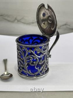 Ornate Antique Sterling Silver Mustard Pot Cobalt Blue Glass Liner WithSpoon