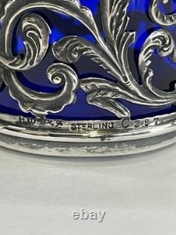 Ornate Antique Sterling Silver Mustard Pot Cobalt Blue Glass Liner WithSpoon