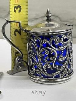 Ornate Antique Sterling Silver Mustard Pot Cobalt Blue Glass Liner WithSpoon