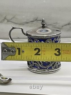 Ornate Antique Sterling Silver Mustard Pot Cobalt Blue Glass Liner WithSpoon