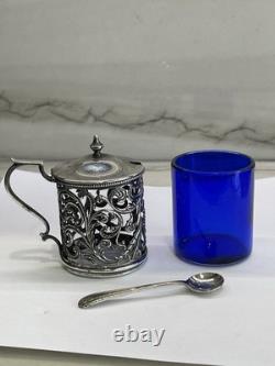 Ornate Antique Sterling Silver Mustard Pot Cobalt Blue Glass Liner WithSpoon