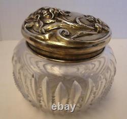 Ornate Lady's Floral Repousse Sterling Top Zipper Cut Glass Vanity Jar