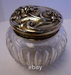 Ornate Lady's Floral Repousse Sterling Top Zipper Cut Glass Vanity Jar