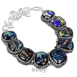 Oval American Dichroic Glass Stone 925 Sterling Silver Vintage Chain Necklace