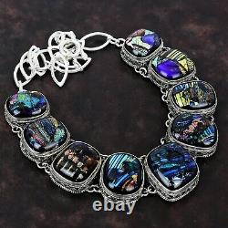 Oval American Dichroic Glass Stone 925 Sterling Silver Vintage Chain Necklace