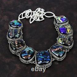 Oval American Dichroic Glass Stone 925 Sterling Silver Vintage Chain Necklace